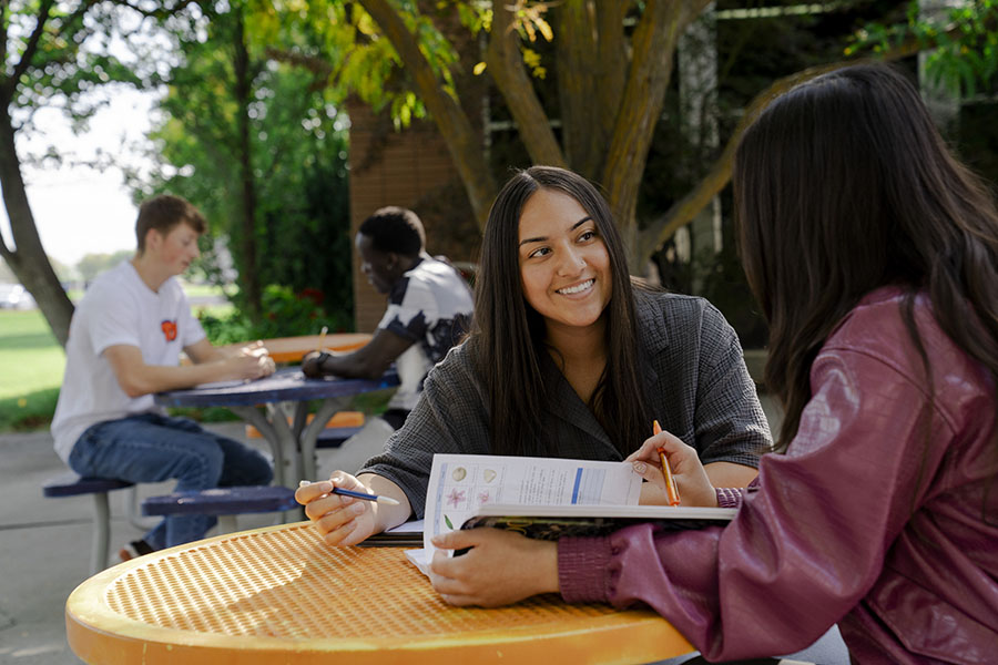 Image of a student in front of a laptop and writing on a notepad