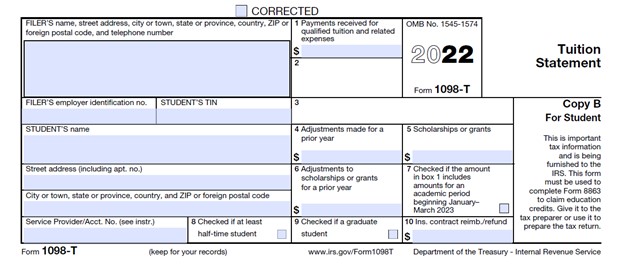 image of a blank 1098-t form