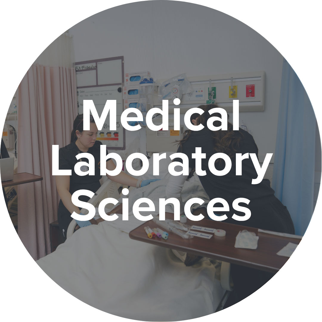 semi transparent image of a tvcc nursing student talking with someone with the words medical laboratory sciences overlaid on it