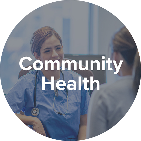 semi transparent image of a tvcc nursing student talking with someone with the words community health overlaid on it