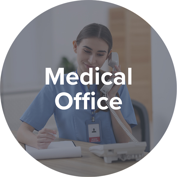semi transparent image of tvcc nursing student on the phone with the words medical office overlaid on it