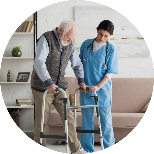 nurse assisting patient with walker